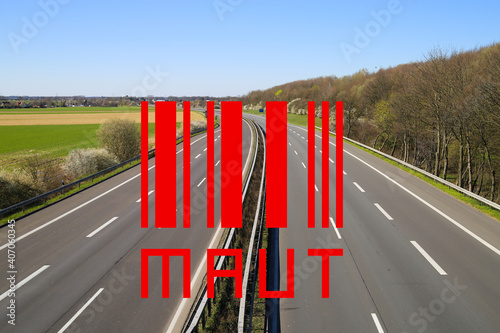 Road toll maut concept: View on german highway with red bar code and word text maut