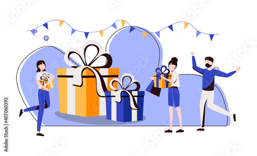 Group of young people celebrating birthday in surprise party. Friends giving gift boxes wot birthday girl. Vector illustration for celebration, festive event, presents, fun concept