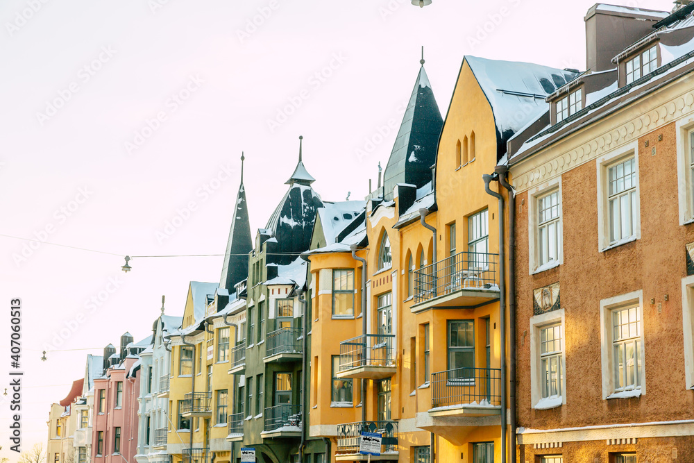 Colorful facades of buildings in Helsinki, the capital of Finland, the traditional Scandinavian architecture, Helsinki
