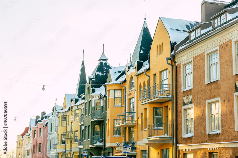 Obraz premium Colorful facades of buildings in Helsinki, the capital of Finland, the traditional Scandinavian architecture, Helsinki