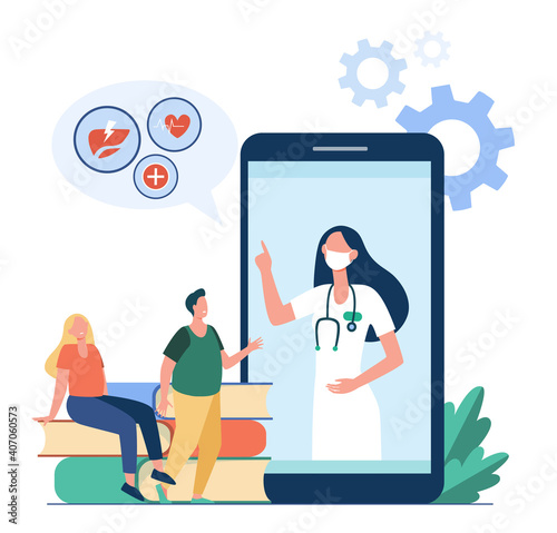 Tiny people listening doctor recommendation from mobile phone. Health, book, smartphone flat vector illustration. Medicine and digital technology concept for banner, website design or landing web page