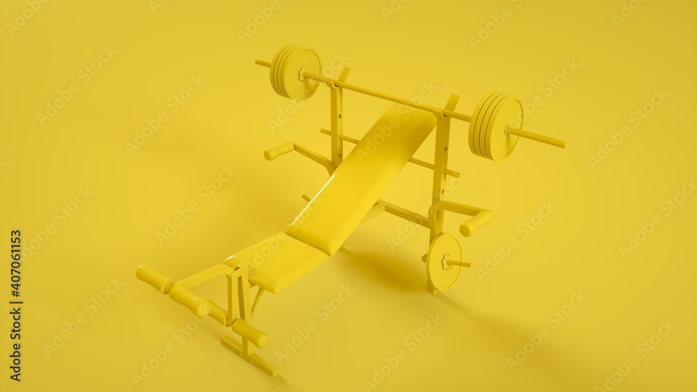 Weight bench for chest flat on yellow background. 3d rendering