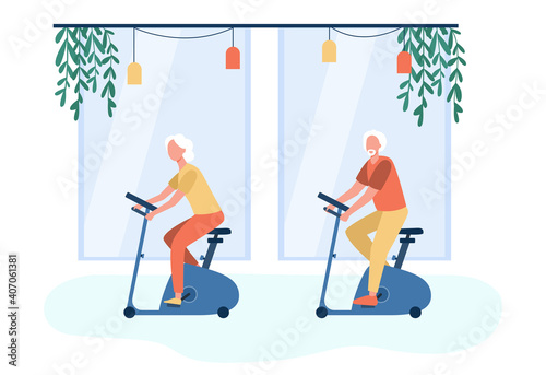 Old people training on exercise bicycle in gym. Pensioner, body, health flat vector illustration. Sport activity and retirement concept for banner, website design or landing web page