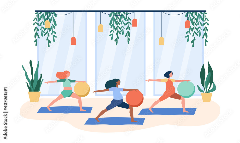 Obraz premium Pregnant women doing exercises with big ball. Gym, yoga, maternity flat vector illustration. Healthcare and sport activity concept for banner, website design or landing web page