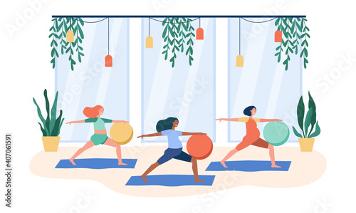 Pregnant women doing exercises with big ball. Gym, yoga, maternity flat vector illustration. Healthcare and sport activity concept for banner, website design or landing web page