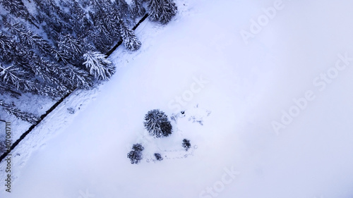 Aerial drone view of winter forest and frozen pond.