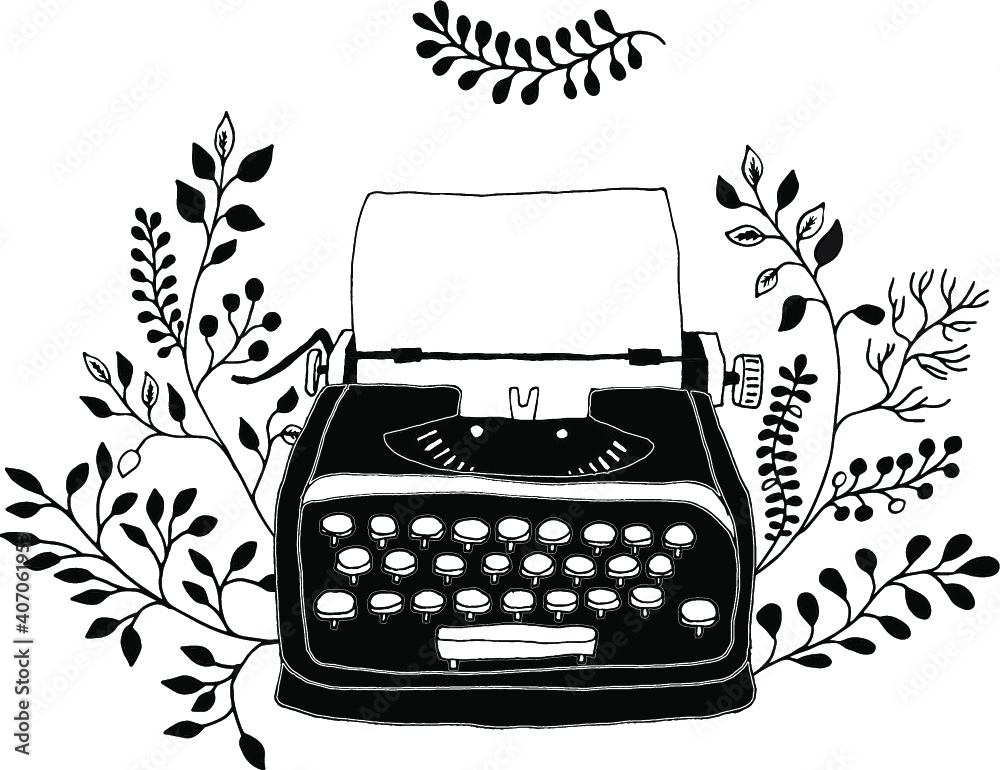 Retro typewriter with leaves decor. Sketch hand drawn illustration vintage style. Trendy pastel colors.