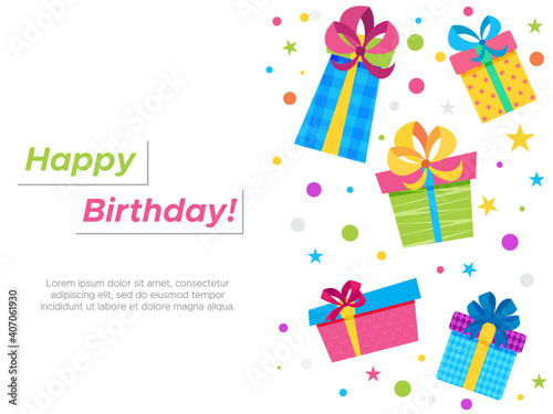 Happy Birthday Greeting card with colorful presents  for holidays flyers  greetings  invitations cards and birthday themed congratulations and banners. Vector illustration on white Background