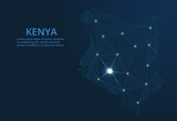 Kenya communication network map. Vector low poly image of a global map with lights in the form of cities. Map in the form of a constellation, mute and stars.