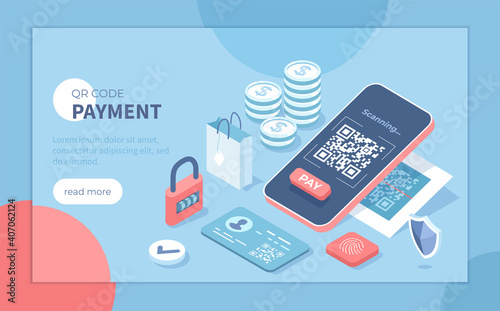 QR Code Payment. Mobile phone scans QR code. Barcode on smartphone screen. Fast cashless payments for goods and services. Isometric vector illustration for poster, presentation, banner, website. 