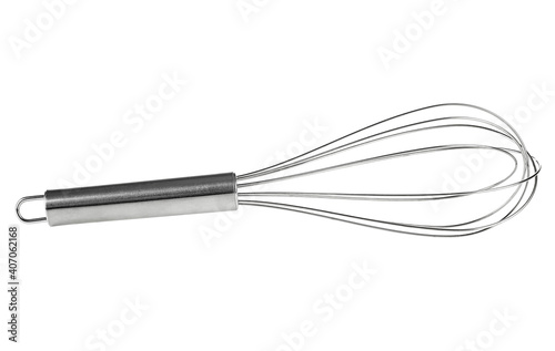 Stainless balloon whisk isolated on a white background. Stainless steel egg beater. Cooking equipment. photo