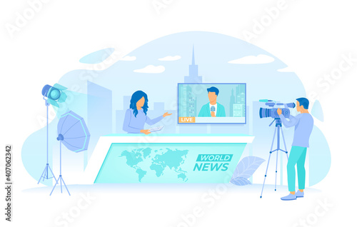 News studio room with woman newscaster, journalist on a tv screen, cameraman and video lighting kits. Breaking world news, TV show. Vector illustration flat style.