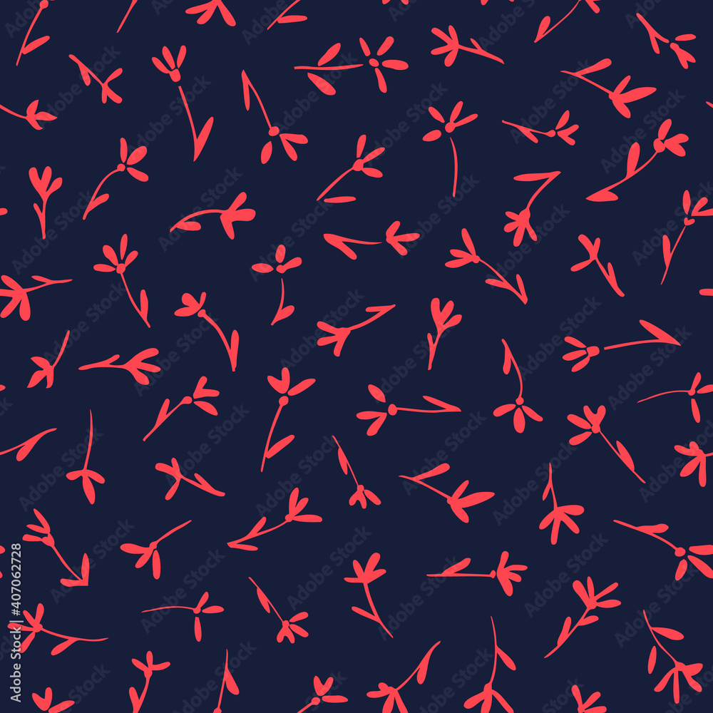 Small flowers with leaves minimal seamless repeat pattern with dark blue background. Random placed, vector millefleurs all over print. Small flowers with leaves minimal seamless repeat pattern with dark blue background. Random placed, vector millefleurs all over print.