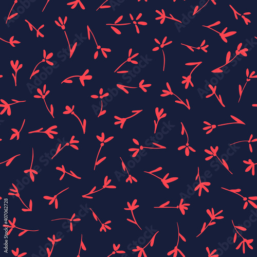 Small flowers with leaves minimal seamless repeat pattern with dark blue background. Random placed, vector millefleurs all over print.