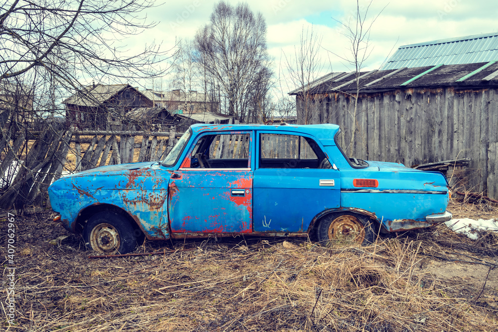 Old, broken, car with broken glasses, side view Old, broken, car with broken glasses, side view