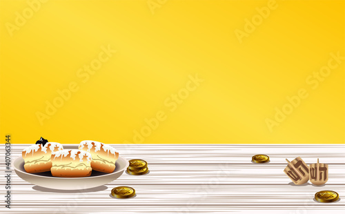 happy hanukkah celebration with sweet donuts and dreidels