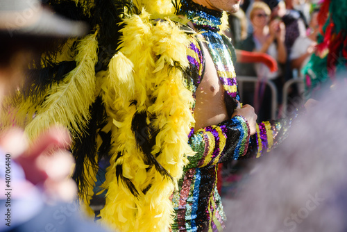 Dancers wearing colorful feathers costumes gathered for a parade. Back view blurry defocused unrecognisable crowd image great for graphic background.