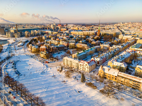 Aerial sunset view of Helsinki in winter time, Finland