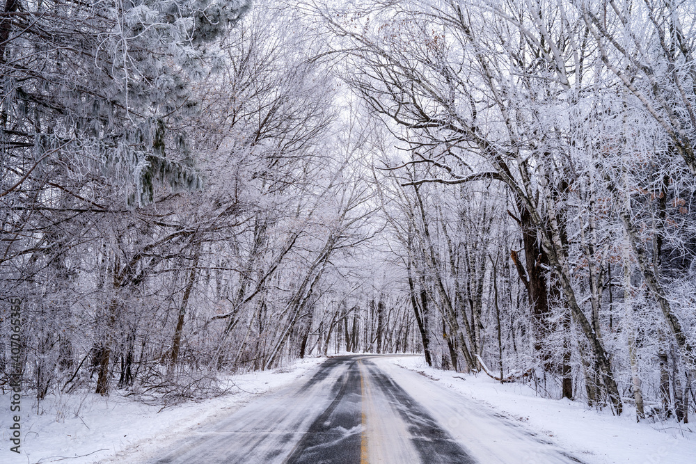 Winter road covered in snow and ice with a canopy of frosty trees. Taken in Scandia, Minnesota