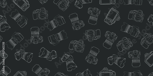 Hand drawn photo camera seamless pattern Grey technology background