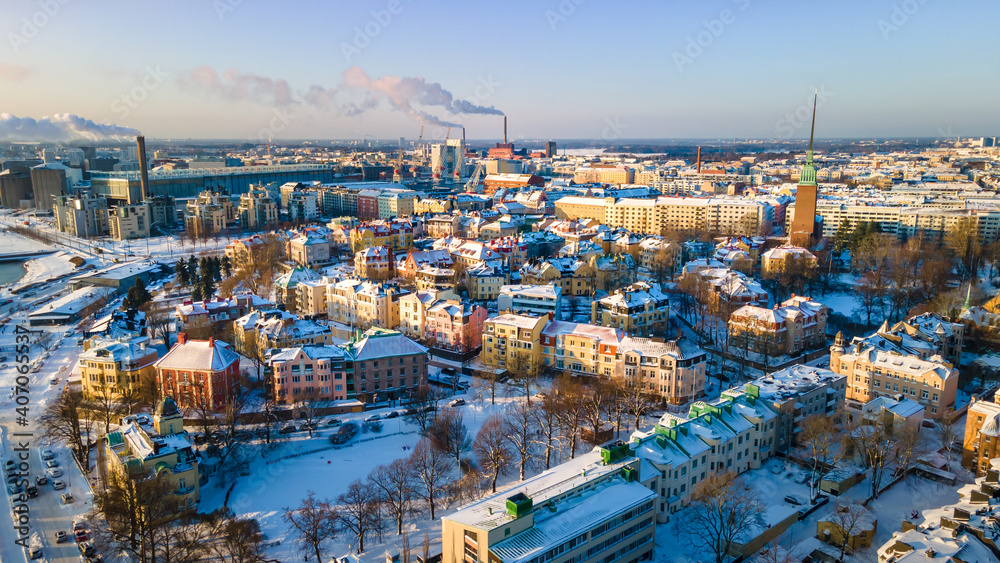 Aerial view of Helsinki city. in winter,  Sky and colorful buildings.	
