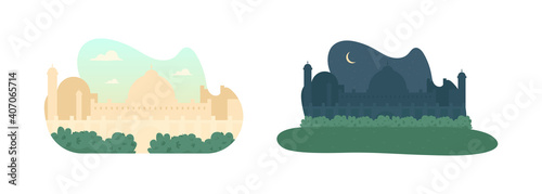 Daytime and nighttime mosque 2D vector web banner  poster set. Muslim minaret. Arabian flat cityscape on cartoon background. Oriental culture printable patch  colorful web element collection
