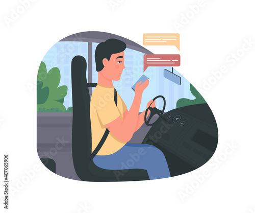 Texting while driving 2D vector web banner, poster. Man in car seat. Driver with smartphone flat characters on cartoon background. Distracted driving printable patch, colorful web element