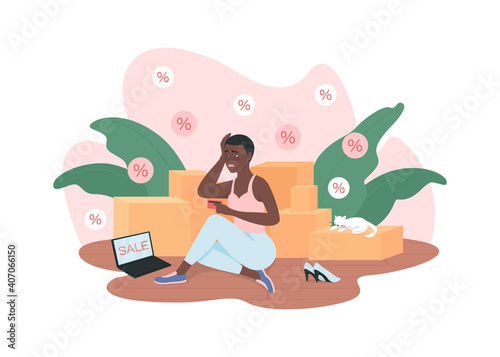 Shopaholism 2D vector web banner, poster. Bad habit, addiction to shopping. Shopaholic flat character on cartoon background. Female with debt on credit card printable patch, colorful web element