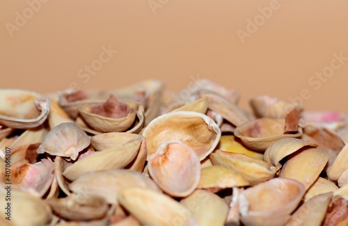Natural background of pistachio shell or sea beach with shells concept of environmental protection and sorting garbage with selective focus
