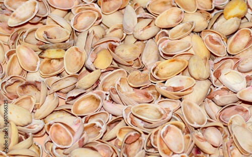 Natural background of pistachio shell or sea beach with shells concept of environmental protection and sorting garbage with selective focus