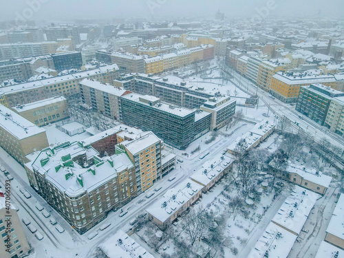 Aerial view of Helsinki city. in winter, Sky and colorful buildings. 