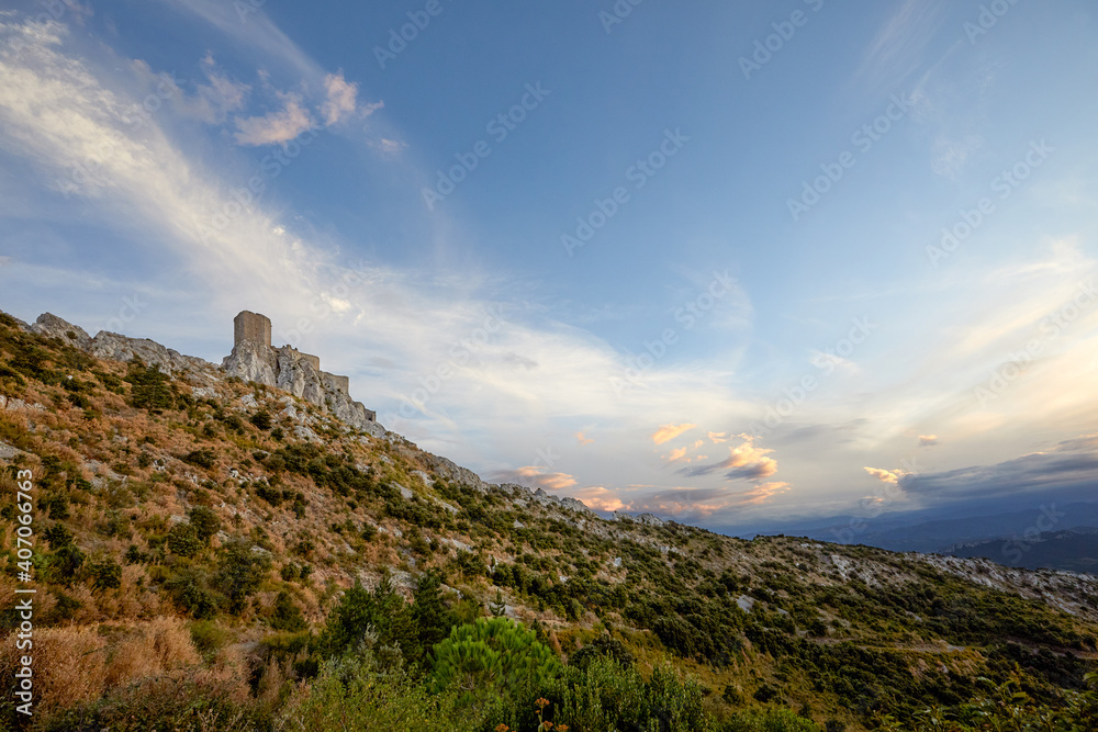 Castle of Queribus, France at sunset