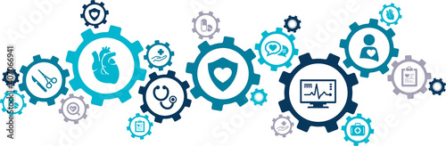 cardiology vector illustration. Concept with connected icons (no people) related to healthcare, cardiac system, cardiologist checkup, heart disease or surgery, cardio medicine or diagnostics.