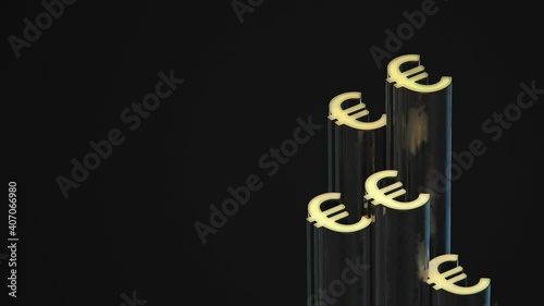 Euro-shaped towers group grow up on dark background. Financial business concept 3d animation.