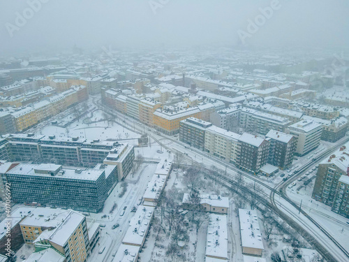 Aerial view of Helsinki city. in winter, Sky and colorful buildings.