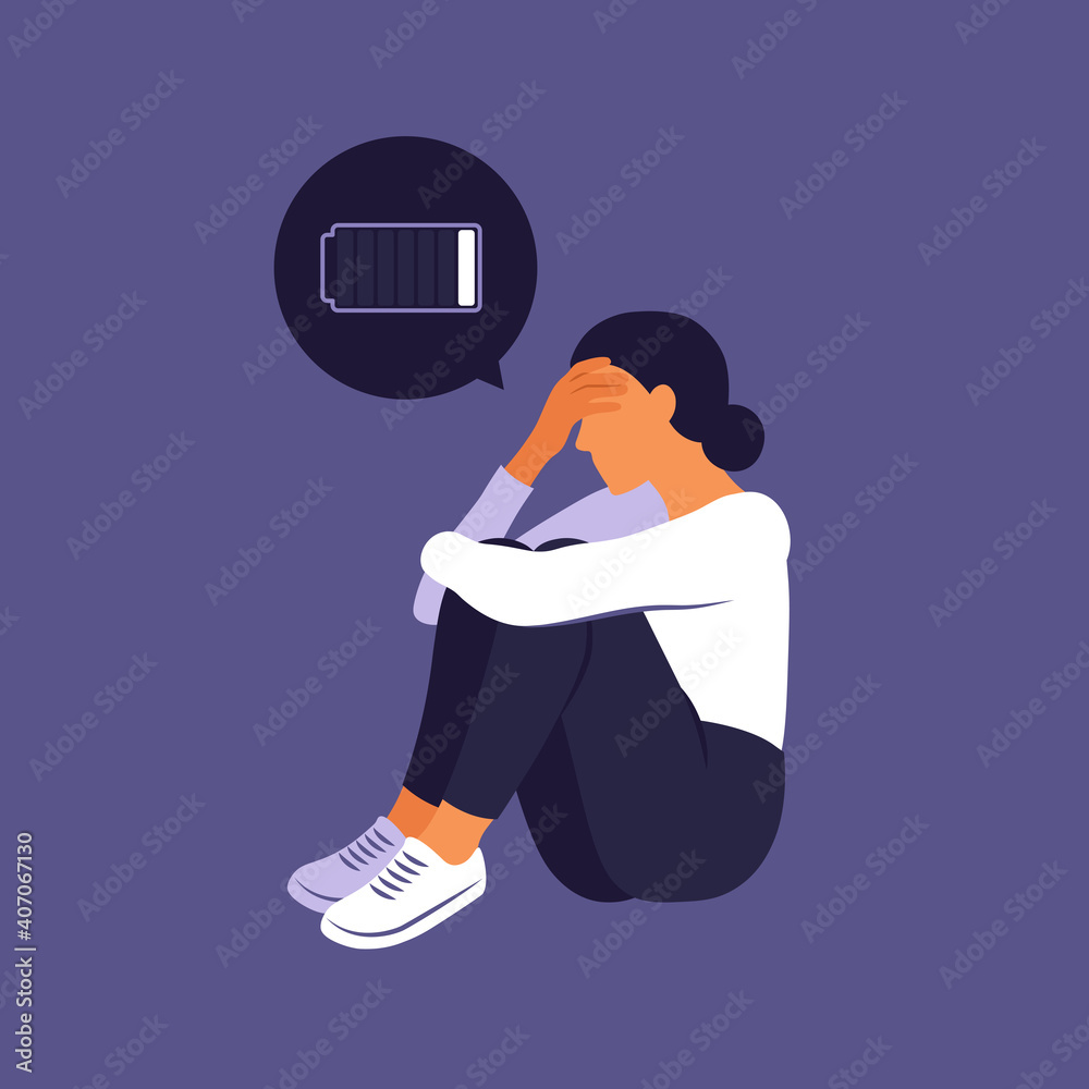 Tired woman sitting with a discharged battery in the thoughts. Concept emotional burnout or mental disorder. Vector flat - obrazy, fototapety, plakaty 