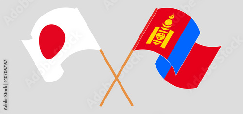 Crossed and waving flags of Japan and Mongolia