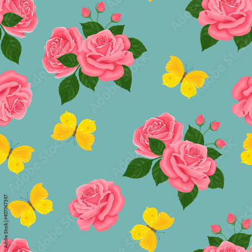 Yellow butterflies and pink roses flowers on blue background. Floral spring seamless pattern. Vector illustration of nature in cartoon flat style.