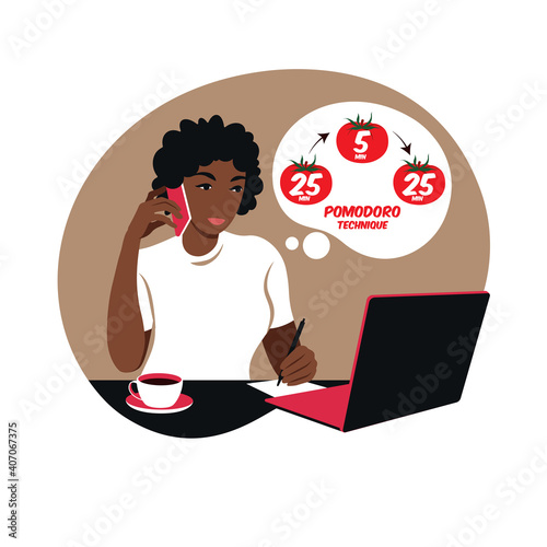African girl manager working with computer using time management. Pomodoro technique concept. Vector. Flat.
