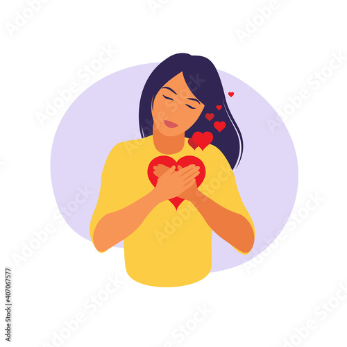 Young woman hugs a big heart with love and care. Self care and body positive concept. Feminism, fight for your rights, girl power concept. Flat.