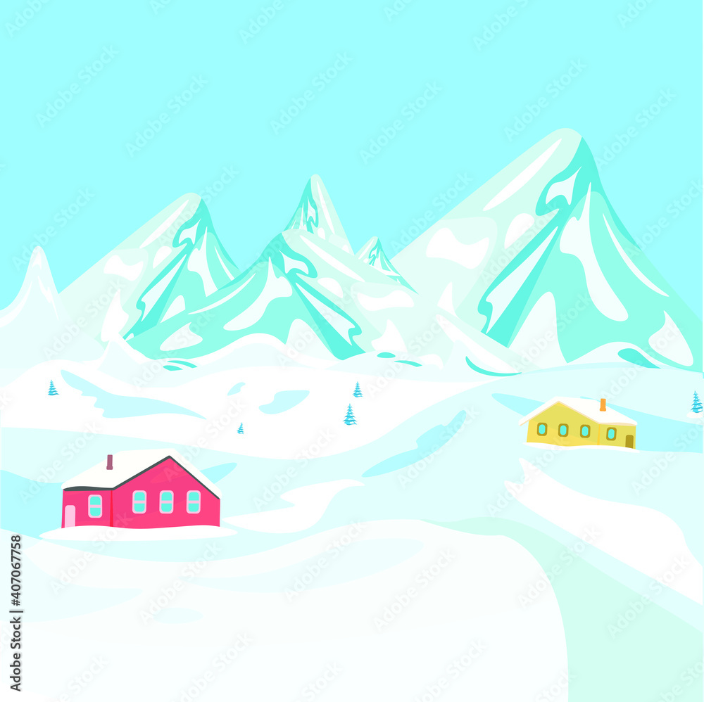 vector illustration of winter vacation, vacation in the mountains, mountains against the blue sky, hotel in a ski resort, accommodation in the mountains.winter mountain landscape