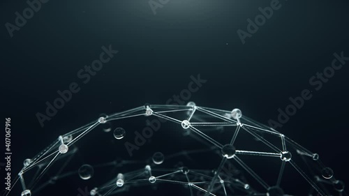 Stylized sphere form with glass wire and little sphere glass shapes 3d render. Loop animation rotation of form on dark background with glow. Modern plexus style render with depth of field effect.