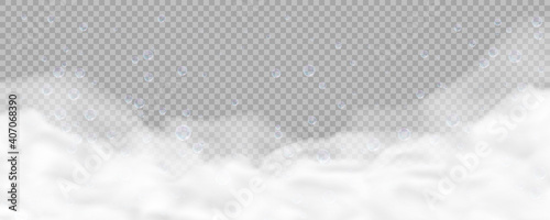 Bath foam with bubbles isolated on transparent background. Realistic soap lather texture. Vector illustration of shampoo, gel or mousse suds overlay effect