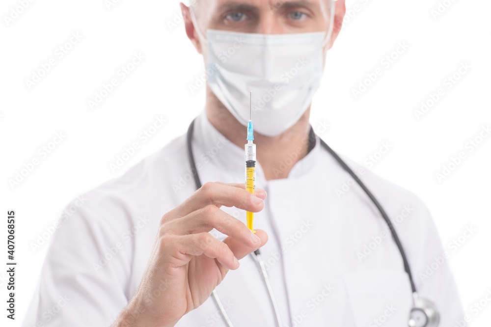 Doctor hold syringe. Giving injection. Covid-19 prevention. Injection therapy Doctor hold syringe. Giving injection. Covid-19 prevention. Injection therapy