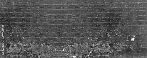 Old Damaged Brick Wall Broken Background. Block Material With Paint Over War Brickwork. Block Mortar Texture Close-up Banner.