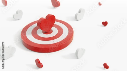 Red heart symbol in the center of a target with red and white hearts around 3d render. seamless rotation of heart, symbols animation in white studio with camera depth of field effect.