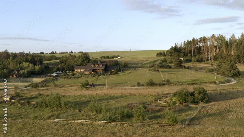 Aerial Shot Of Rural Farm In Countryside With Beautiful Forest Trees, Landscape In Fall At Sunset Aerial Shot Of Rural Farm In Countryside With Beautiful Forest Trees, Landscape In Fall At Sunset