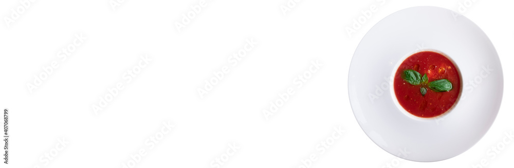 Italian Tomato Soup With Basil In White Bowl. Gazpacho Isolated On White Background. Top View Banner. Italian Tomato Soup With Basil In White Bowl. Gazpacho Isolated On White Background. Top View Banner.