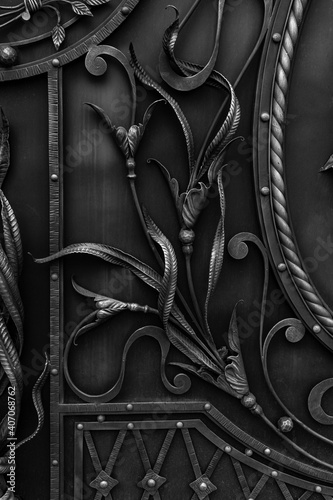 Modern wrought iron elements of metal gates, abstract plants