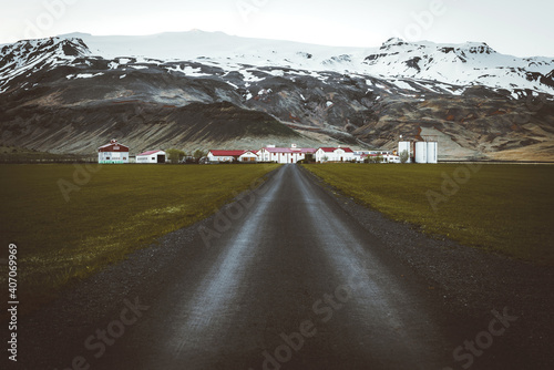 Mountain road towards volcano in Iceland.